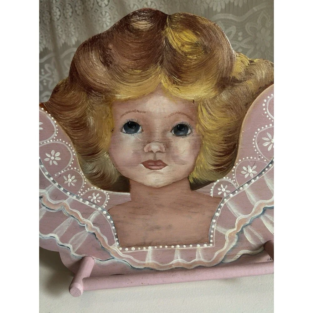 Vintage Signed ‘84 Angel Plaque with Rack Holder Folk Art Cottagecore Nursery
